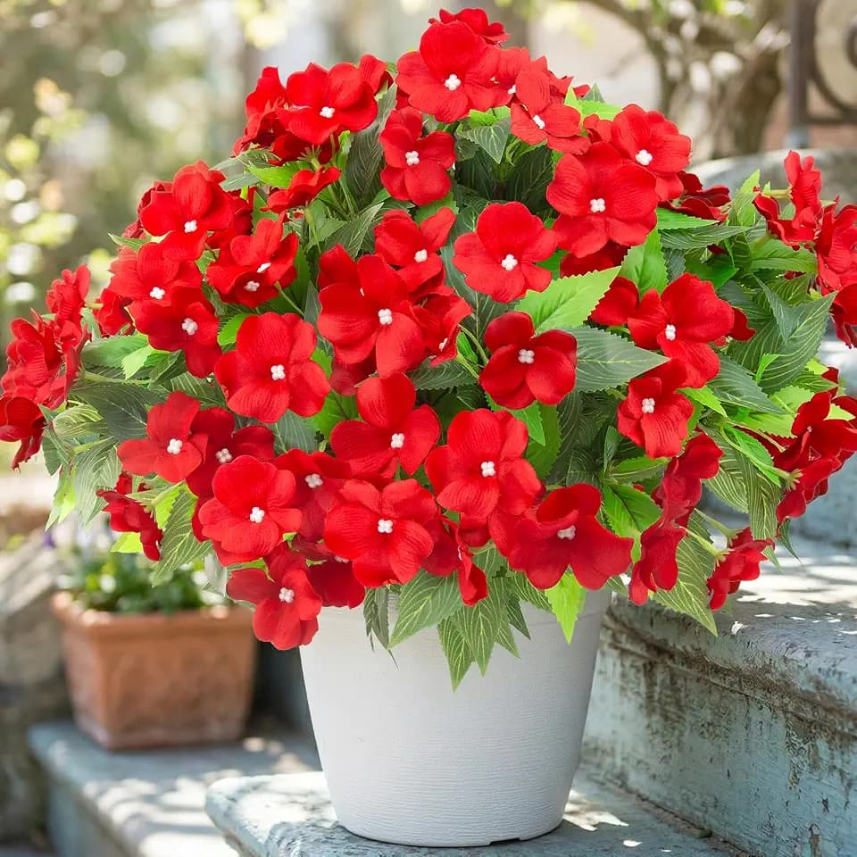 Daynight 4 Pcs Artificial Impatiens Bushes, Red Faux Silk Flowers