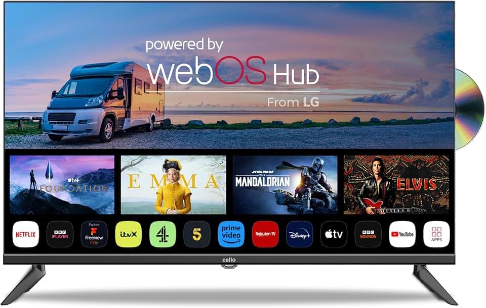 Cello C3224WSF 12 Volt 32 Zoll TV 12V Traveller Smart rahmenloser Fernseher und DVD-Player Ultraschnelles WebOS, Bluetooth, Netflix, Prime Video, Apple TV+, DAZN, Pluto