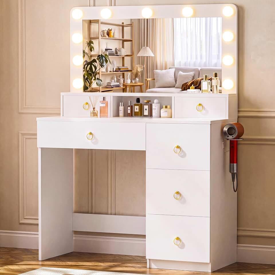 COMHOMA Makeup Vanity Desk with Mirror and Lights, Vanity Table with Divided Drawer and Storage Cabinet, 32In Full Size Mirror& Adjustable 3 Color Modes, Open Storage Shelf, White and Gold