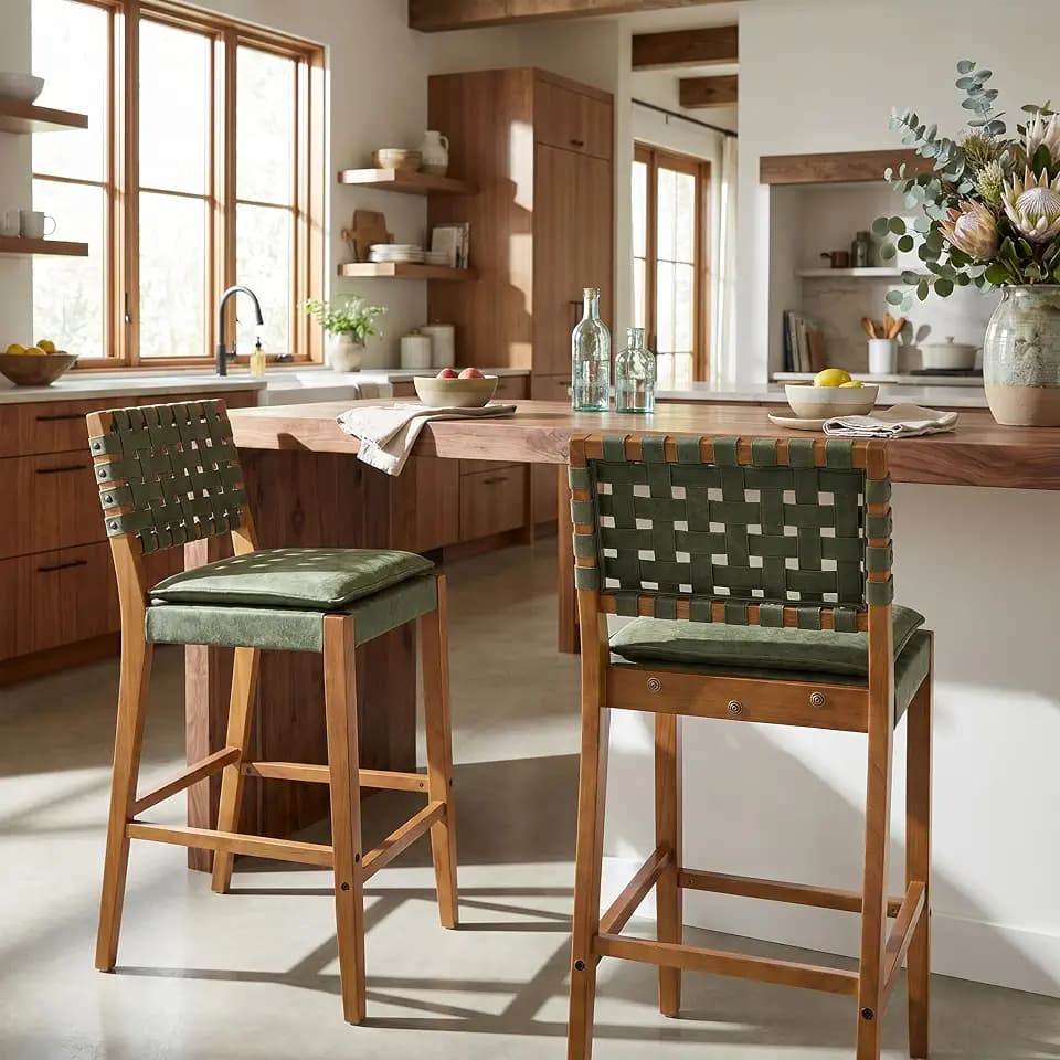 Christopher Knight Home Caitlyn Counter Height Bar Stools Set of 2, PU Leather Bar Stool for Kitchen Island, Wooden Dining Room Chair, Counter Stool with Footrest, Green+Walnut