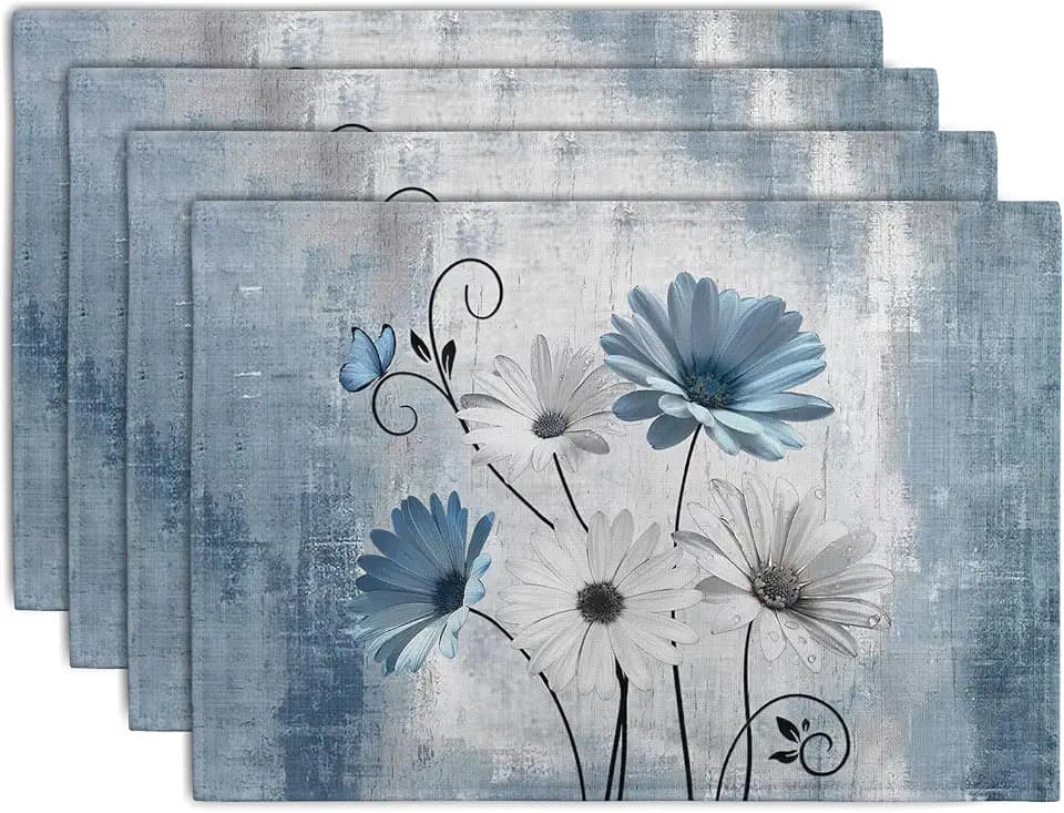 Daisy Placemats Set of 4 Blue Grey Rustic Vintage Floral Table Place Mats 12x18 Inch Seasonal Flower Spring Summer Linen Placemat for Party Kitchen Dining Outdoor Indoor Decor