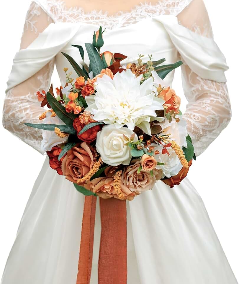 10 Inch Burnt Orange Bridal Bouquet,Fall Wedding Bouquet,Bride Bouquets for Wedding Ceremony Anniversary, Party and French Rustic Vintage Wedding,Artificial Flowers