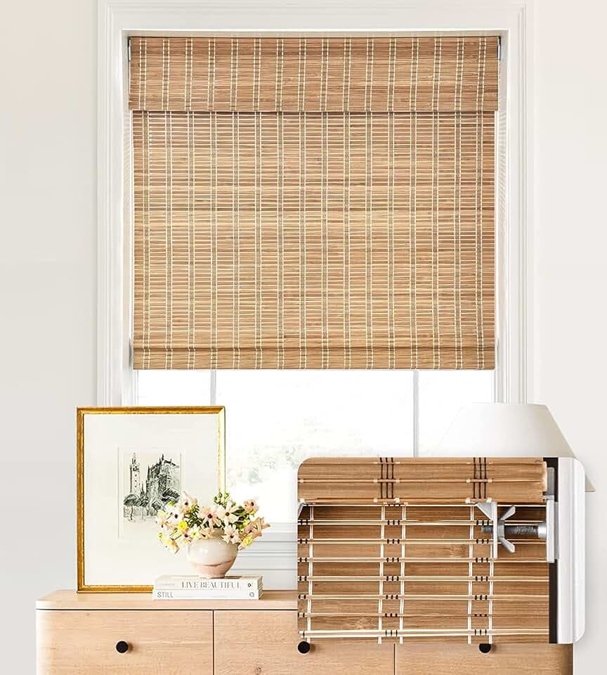LazBlinds No Drill Cordless Bamboo Roman Shades, 31" W × 64" H, Brown