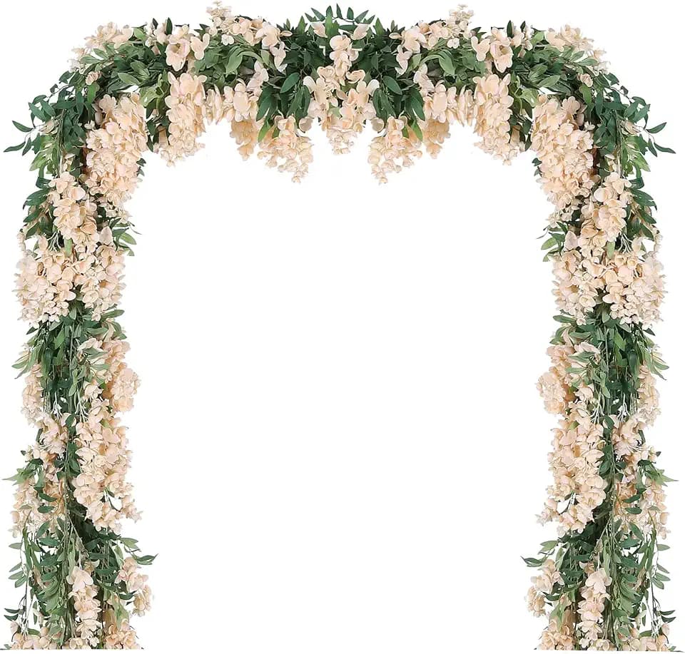 Duovlo 4Pcs 6.6Ft/Piece Imitation Silk Wisteria Garland Hanging Flower Vine for Home Outdoor Garden Ceremony Wedding Arch Floral Decor (Champagne)
