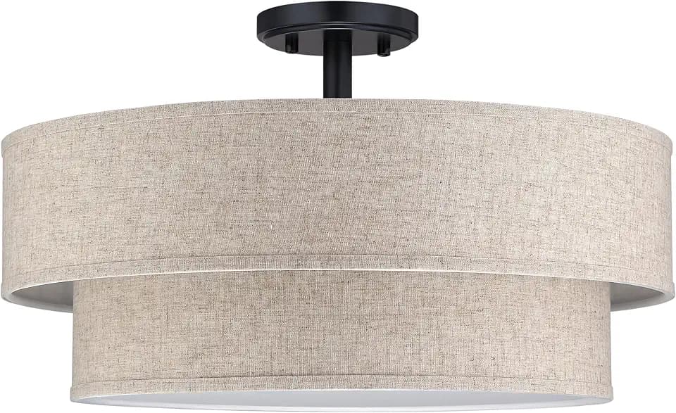 2-Tier 20" Linen Drum Fabric 4 Light Farmhouse Black Semi Flush Mount Light