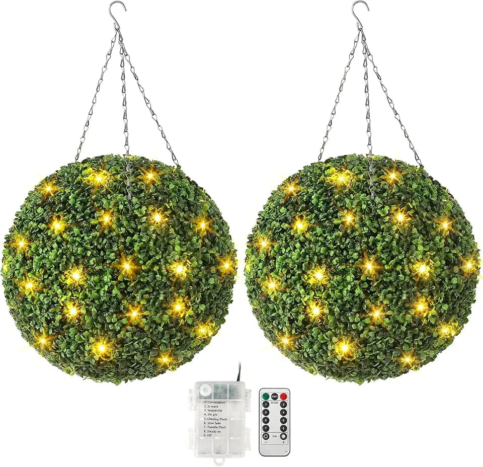 Garvee 2 Pcs 20” 4 Layers Artificial Plant Topiary Ball with Light, All-Year Green Faux Boxwood Decorative Balls for Backyard, Balcony,Garden, Wedding and Home Décor