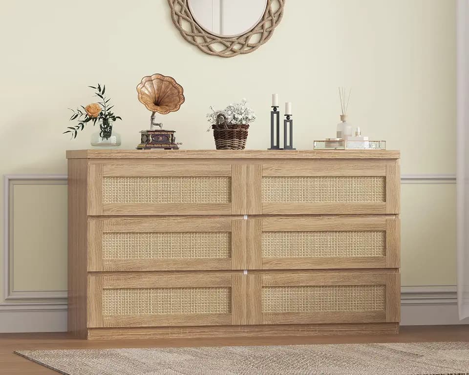 GarveeHome Rattan Dresser for Bedroom, Modern 6 Drawer Double Dresser for Bedroom, Wide Wood Chest of Drawers for Bedroom, Living Room, Hallway, Natural