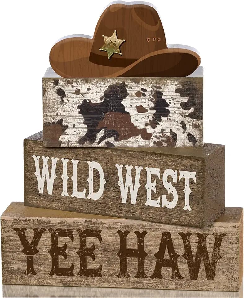 Yuntau 4 Pcs Western Cowboy Table Decor Wooden Block Signs Cowboy Hat Set