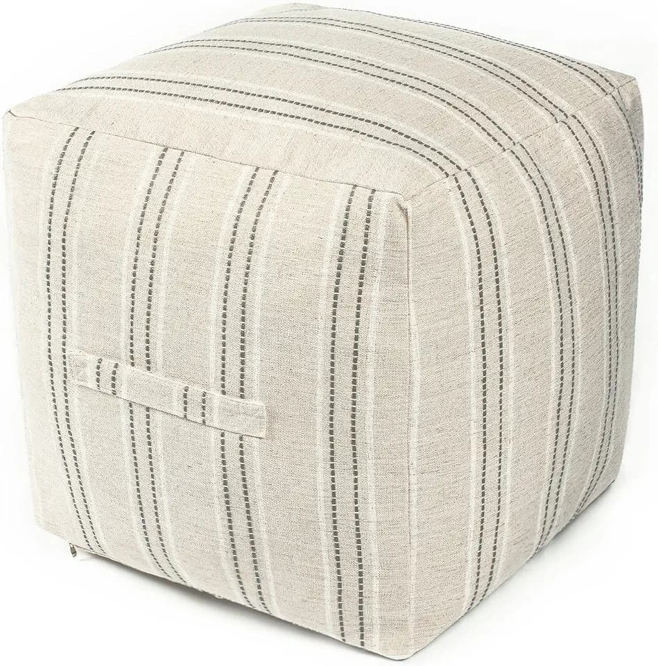 AELS Unstuffed Farmhouse Pouf Cover for Living Room, Boho Storage Bean Bag Cubes, Beige with Gray Stitch Yarn Dyed Stripe Square Ottoman Pouf Foot Rest Footstool, 18"x18"x18", Cover ONLY