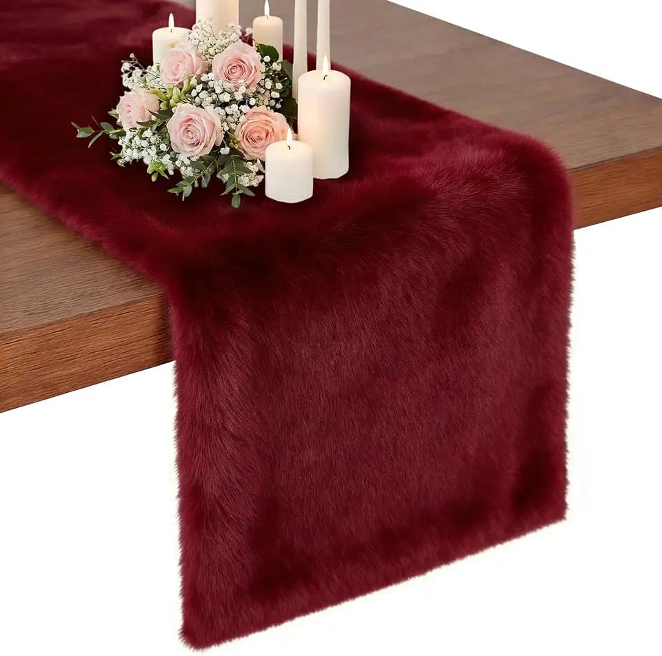 Burgundy Faux Fur Table Runner 48 inches Long, Fluffy Dresser Runner Covers