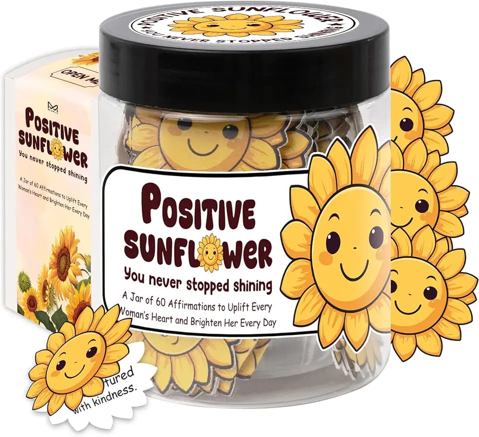 Positive Sunflower Jar, 60 Affirmation Cards for Women, Sunflower Gifts for Women, Wife, for Mom from Daughter, Son, Inspirational Gifts for Coworker, Boss, Relaxation Gifts