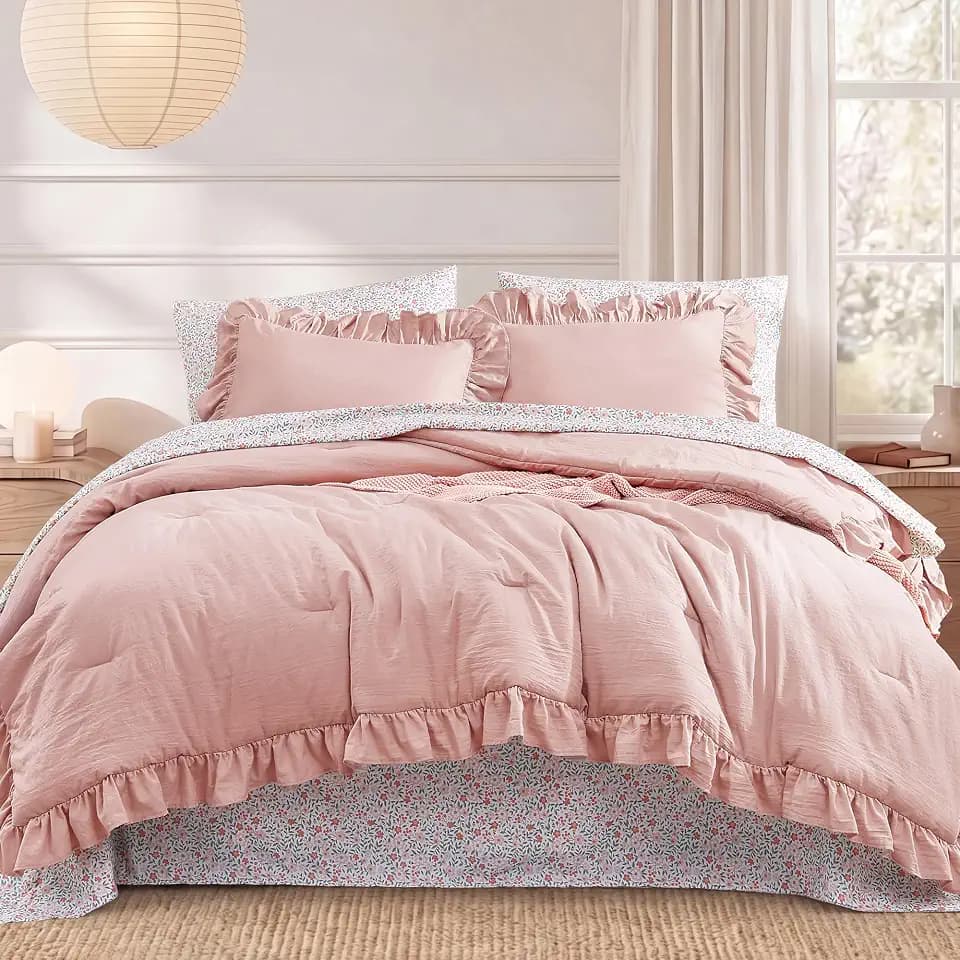 BLOOMHAVEN Twin XL Comforter Set-5 Pieces Ruffle Bedding Floral Sheet