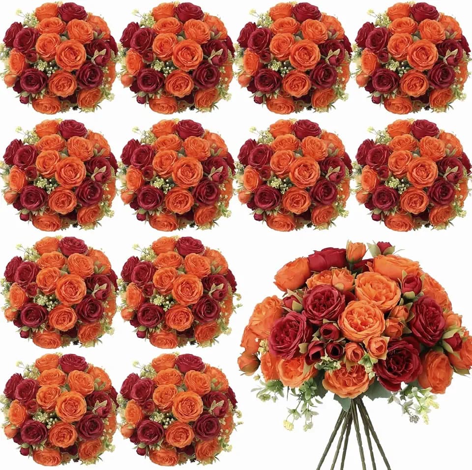Geosar 16 Bundles Artificial Peonies Flower,Orange, Dark Red