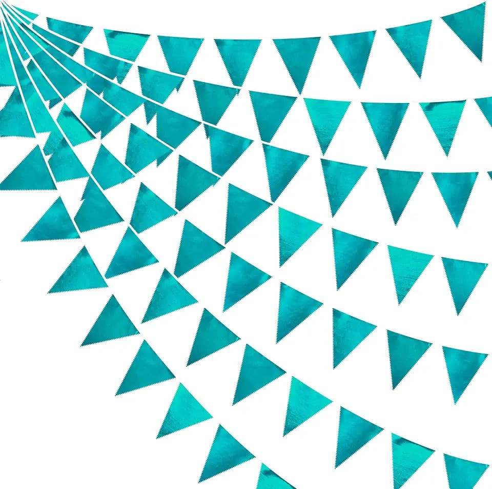 Teal Aqua Blue Triangle Pennant Banner Turquoise Metallic Fabric Flag Bunting Garland for Birthday Bridal Shower Graduation Wedding Holiday Retirement Under The Sea Mermaid Party Decorations Supplies