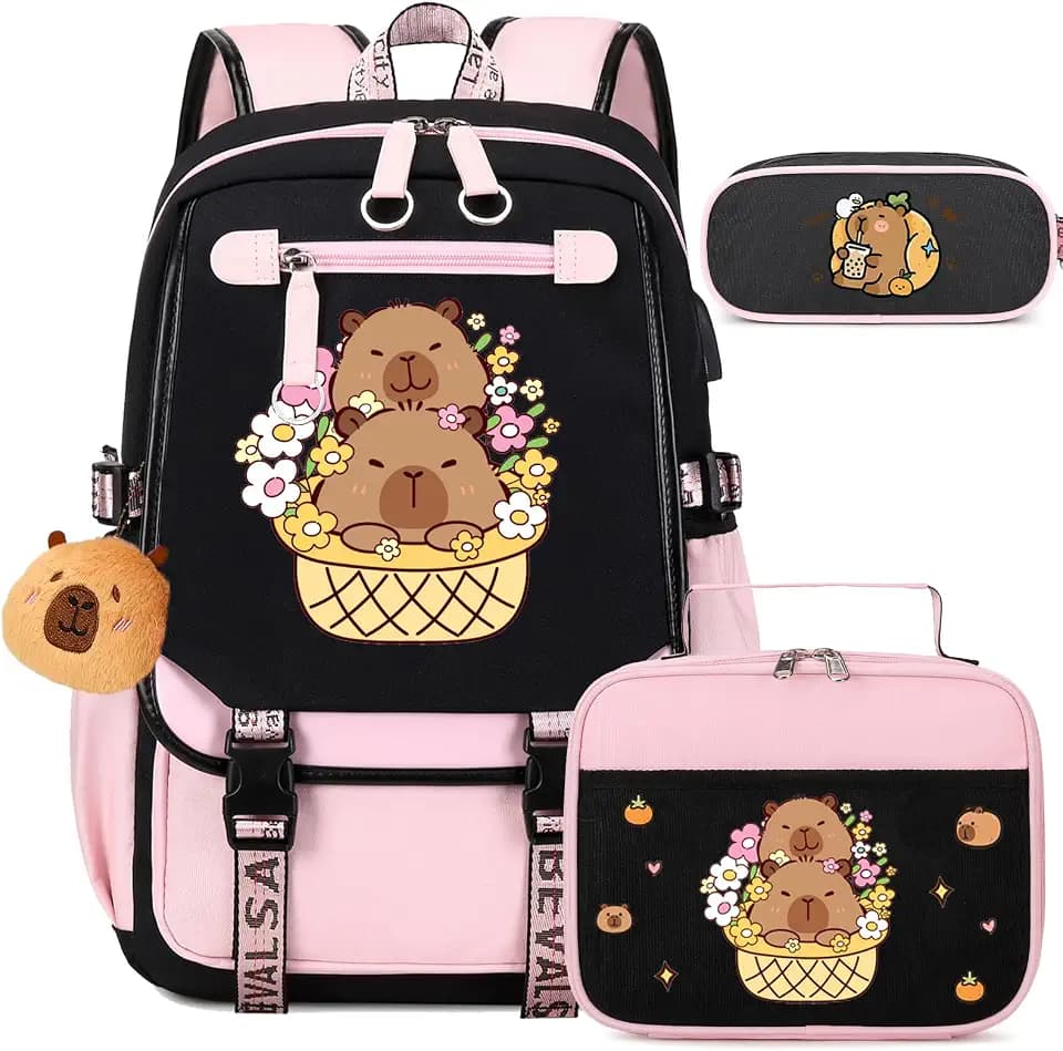 Bevalsa Capybara Theme School Backpack for Girls, 3PCS Backpack Set