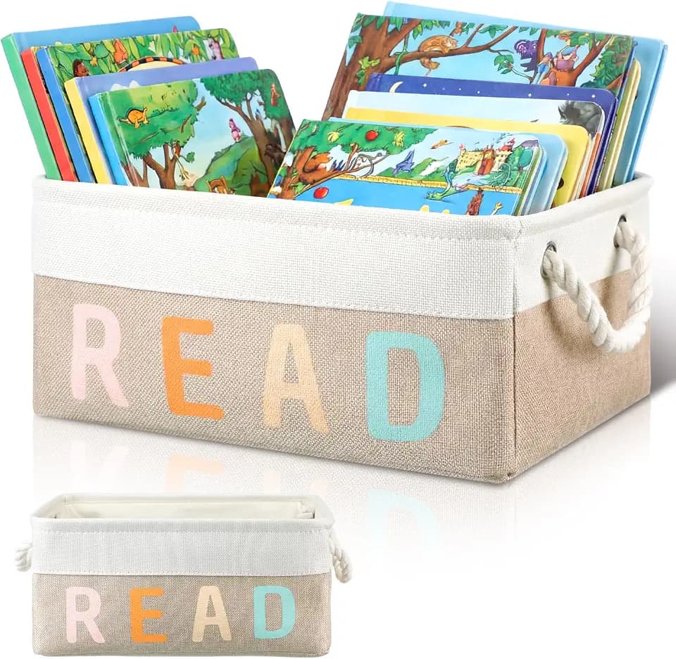 Marsui 1 Pcs Book Storage Basket, Book Bin, Bookish Gifts, White Brown