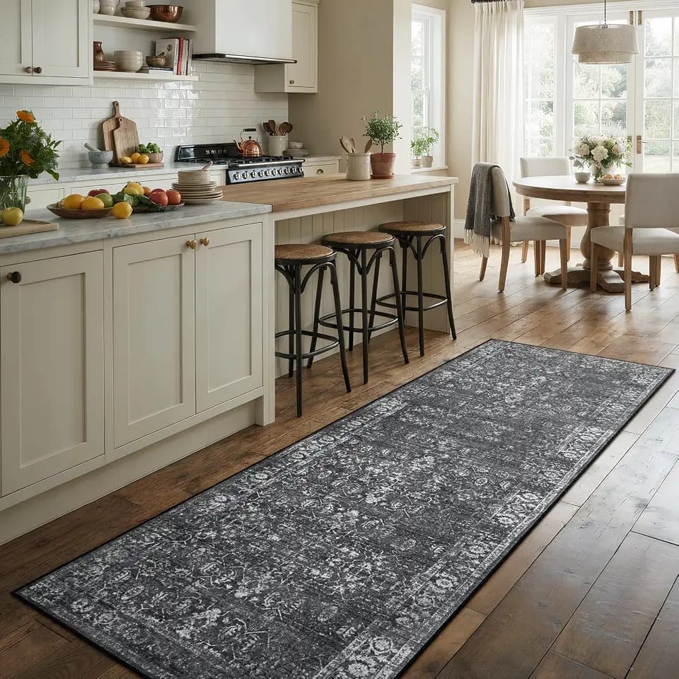 Morebes Black Vintage Rug Runners for Hallway, 2.5x8 Washable Floral Entryway Runner Rug Non Slip, Distressed Indoor Floor Carpet Runner for Kitchen Bathroom Laundry Room Bedroom