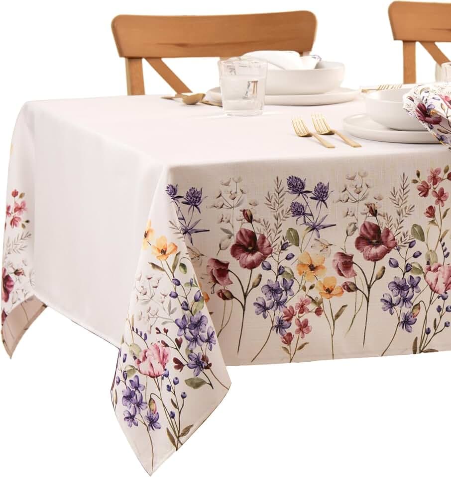Threadmade Poppy Wildflower Bordered Tablecloth, Multicolor - 60"W x 120"L