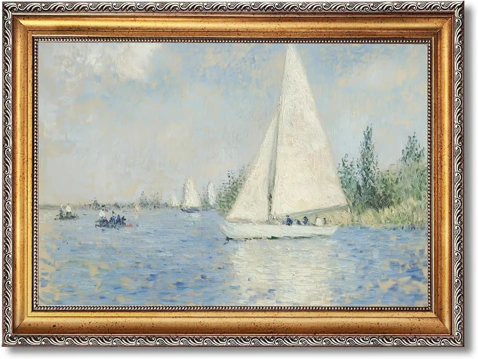 Vintage Sailboat Wall Art Framed Nautical Canvas Poster Print Impressionist Coastal Ocean Painting Blue White Sailing Picture Peaceful Seascape Artwork for Beach House Living Room Home Decor 16x24inch