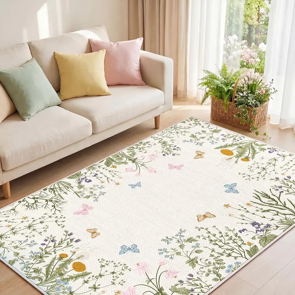 SATINIOR Spring Area Rug for Living Room 5x7 Antique Herbs and Wild Floral Washable Rug Vintage Home Decor Butterfly Flower Non Slip Beige Carpets for Entryway Bedroom Living Room Laundry Indoor