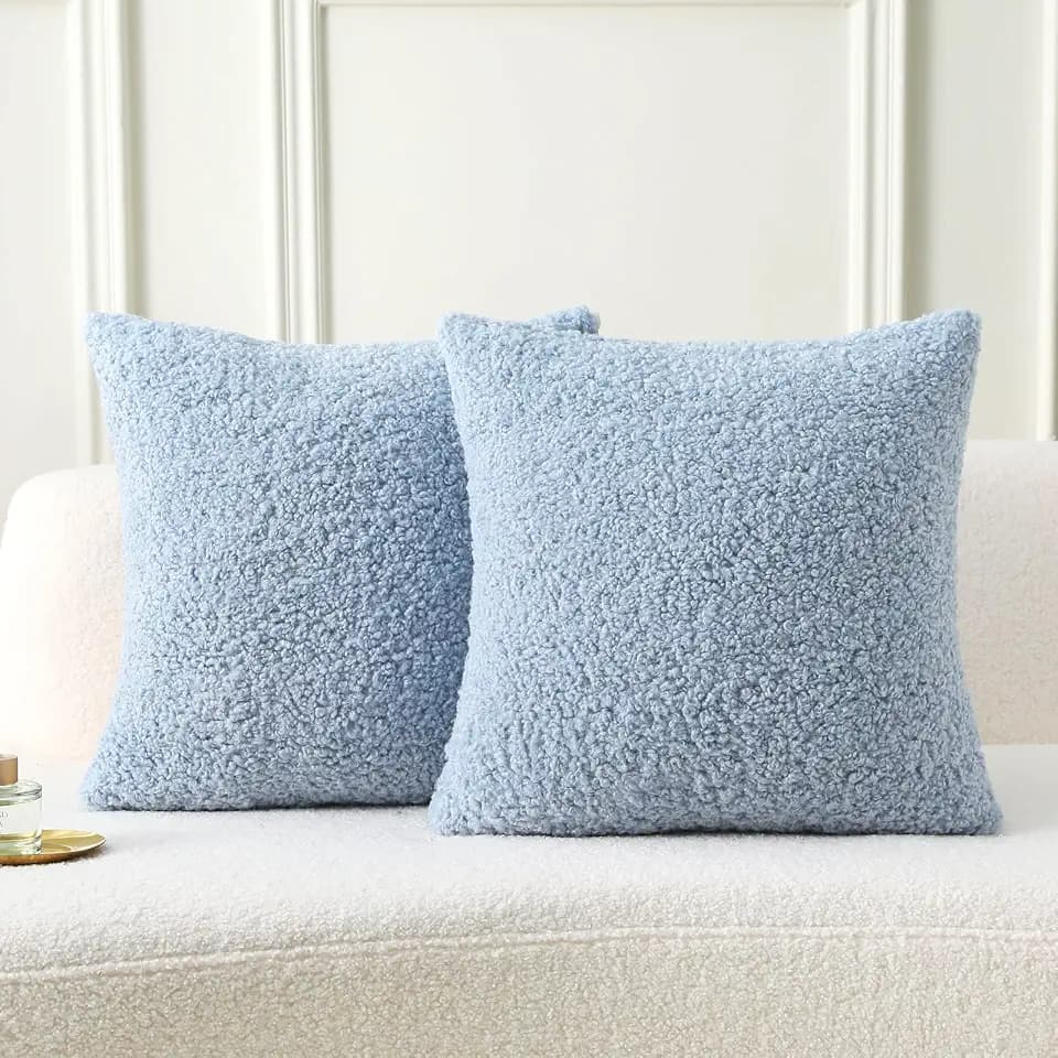 FUTEI Pack of 2 Faux Fur Teddy Boucle Pillow Covers 18x18 Inch, Light Blue
