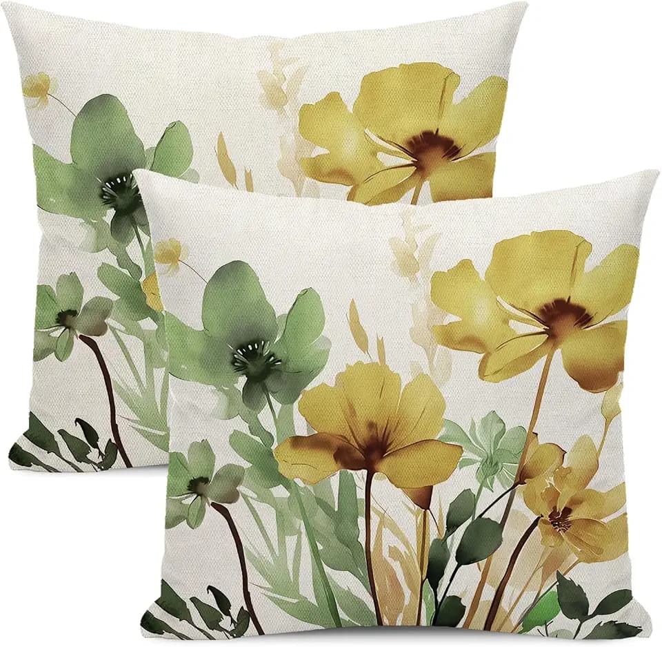 Floral Pillow Covers 18x18 Inch Set of 2 Sage Green Yellow Floral Throw Pillow Cover Outdoor Modern Spring Summer Flower Decoration Pillowcase Farmhouse Decorative Cushion Cover For Sofa Couch