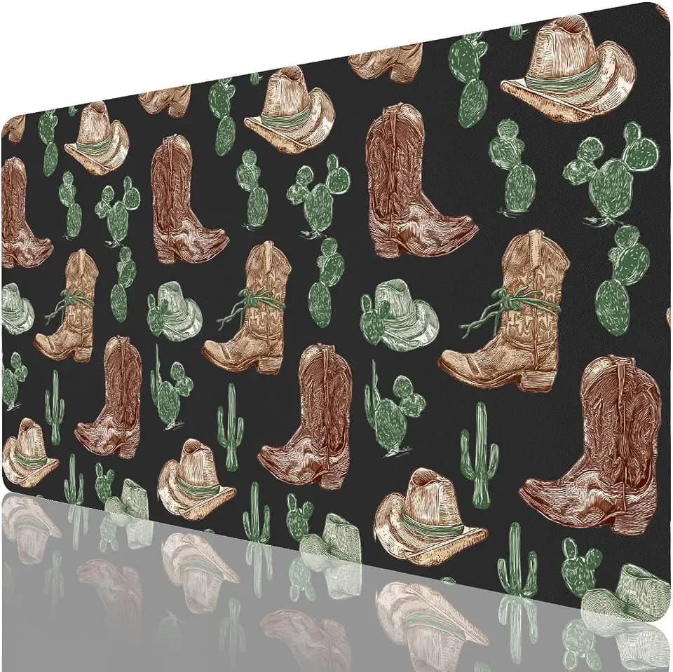 Retro Western Cowboy Desk Mat 27.6''X13.8''Cute Kawaii Plant Desktop Mat Pu Leather Large Mouse Pad Trendy Mousepad Non-Slip Table Mat for Girls Women Office Home Work Computer Game
