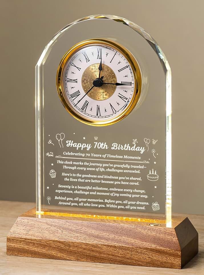 70th Birthday Clock Gifts for Women Men, 70 Year Old Glass Quartz Keepsake