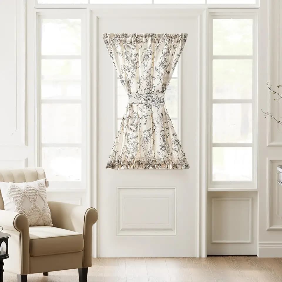 jinchan Floral French Door Curtain Farmhouse Linen for Sliding Glass Door 40 Inches 1 Panel with Tieback Light Filtering Curtain for Window Patio Rod Pocket Black on Linen