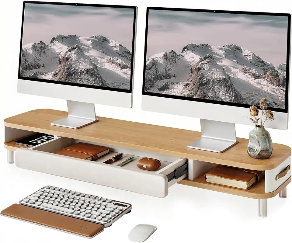Fenge Dual Monitorständer mit AusziehenSchublade,Tragfähigkeit 35kg,Eiche