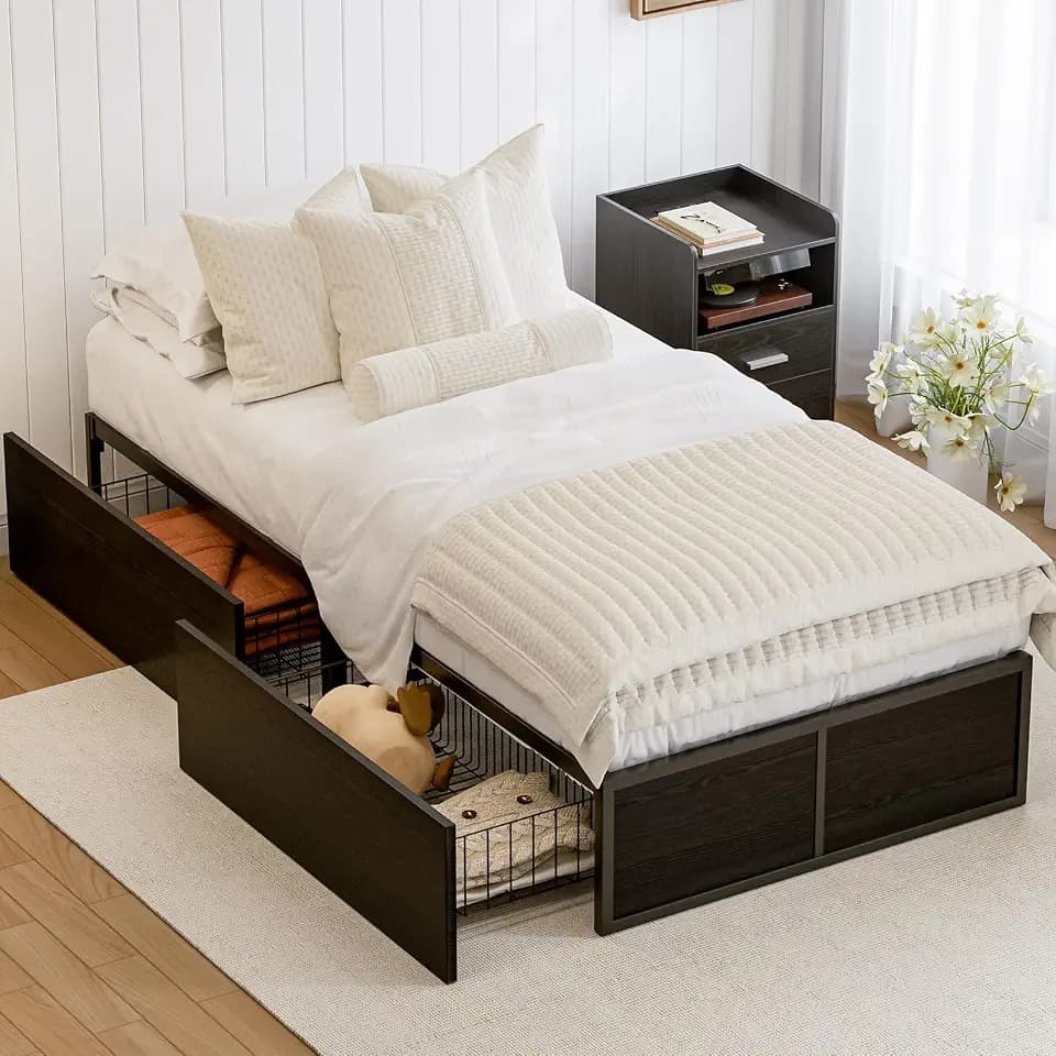 GAZHOME Twin XL Bed Frame with 2 XL Storage Drawers, Metal Platform Bed Frame with Footboard, 9 Strong Metal Slat Support/No Box Spring Needed/Easy Assembly/Space Saving,Black