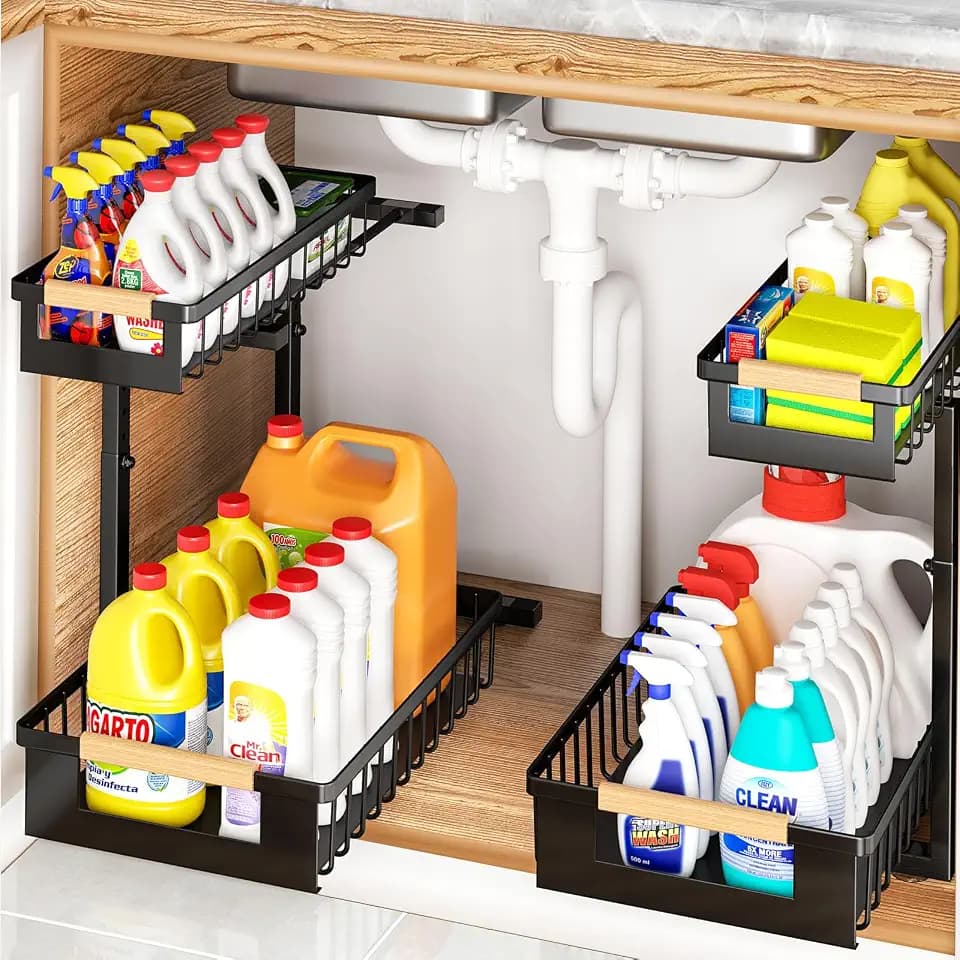 Under Sink Organizers and Storage, 2 Pack L-Shaped Pull Out Cabinet Organizer, 2 Tier Sliding Storage Rack with Adjustable Height, Metal Under Sink Shelf for Kitchen, Bathroom, Pantry, Black