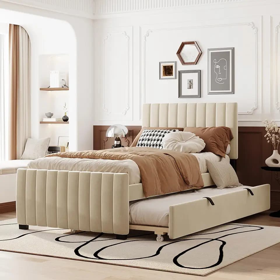 Merax Twin Size Velvet Upholstered Platform Bed, Wood Bed Frame with Twin Size Trundle, Beige