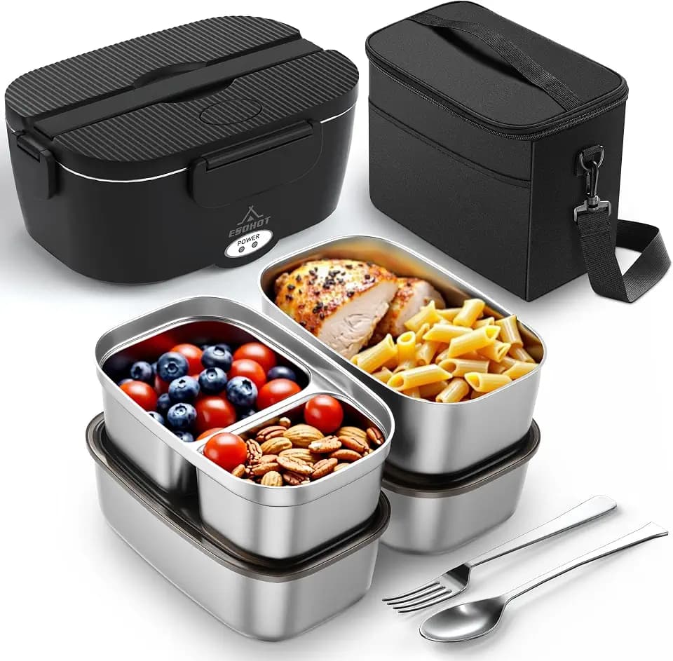 Heated Lunch Box,120W Electric Lunch Box for Adults with 1.5L 304 Stainless Steel Container, 12V/24V/110V Lonchera Eléctrica Portátil for Travel,Work,Car,Truck (Pure Black, 1.5L x 4)