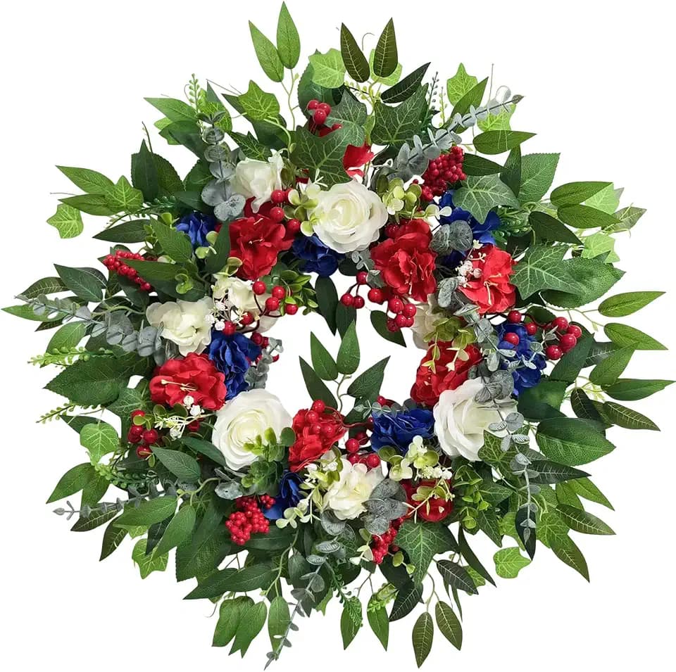 24 Inch 4th of July Wreath, Patriotic Wreaths for Front Door, Red White Blue Spring Summer Door Wreaths for Independence Day,Memorial Day Wreaths for Front Door Wall Window Decor