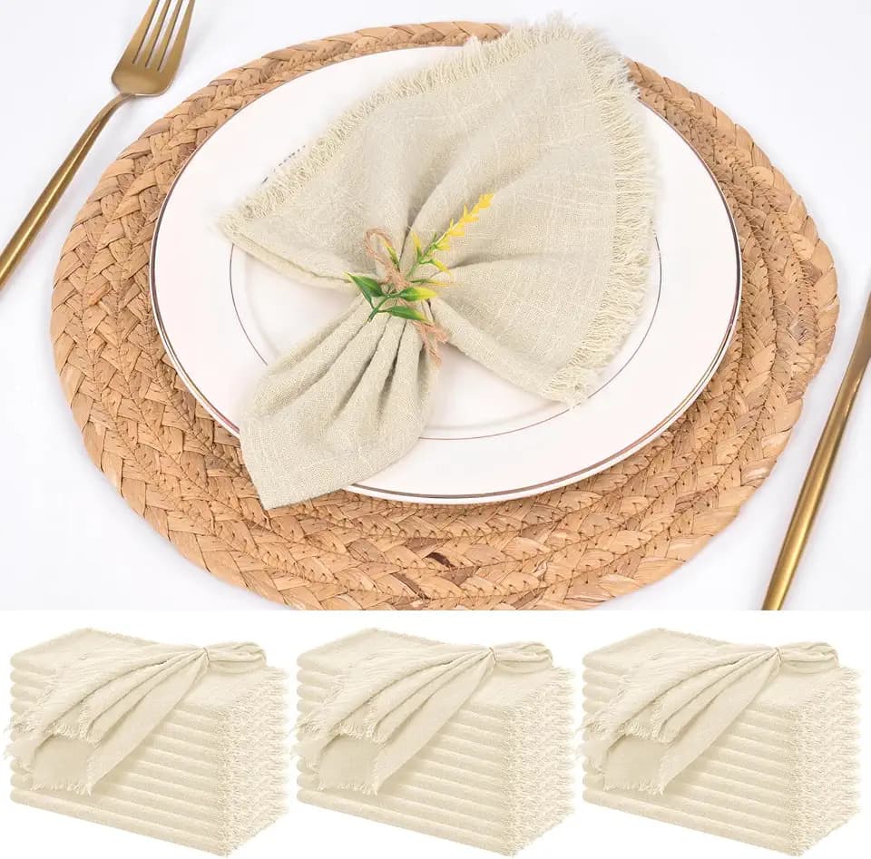 Pesonlook 30 PCS Cotton Linen Napkins with Fringe,16x16Inch, Natural Linen