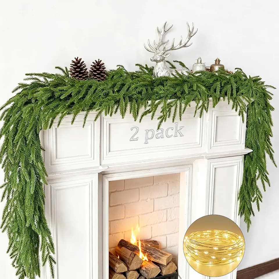 2 Pcs 6 Ft Christmas Norfolk Pine Garland with Lights for Mantle