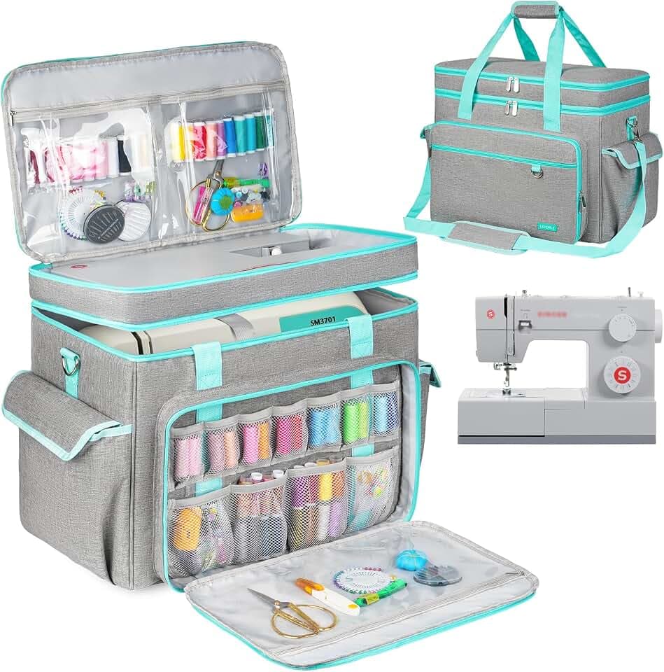 Large Sewing Machine Case with Removable Hard Bottom Pad,2 Layer Sewing Machine Carrying Bag Universal Tote Bag Fit for Most Standard Size Singer,Brother,Janome and Sewing Accessories,Grey/Green