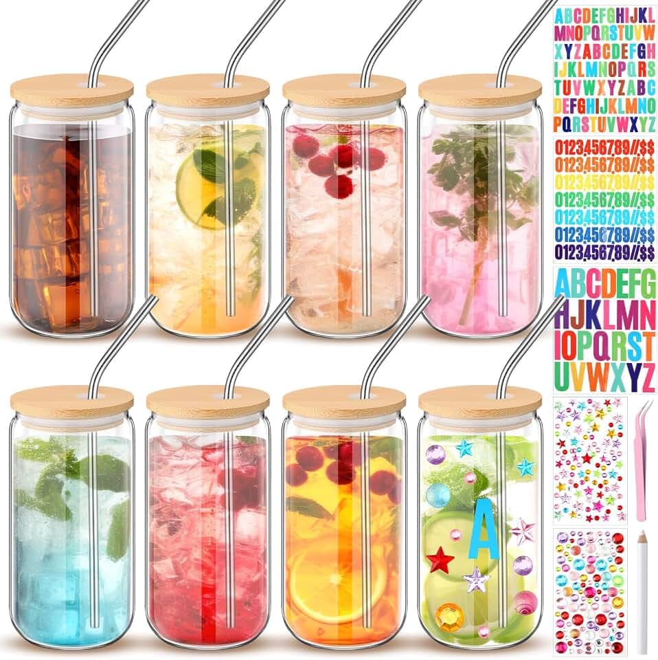 Plastic Mason Jar Cups with Lids and Straws, 16 oz, Clear, 8 Pcs