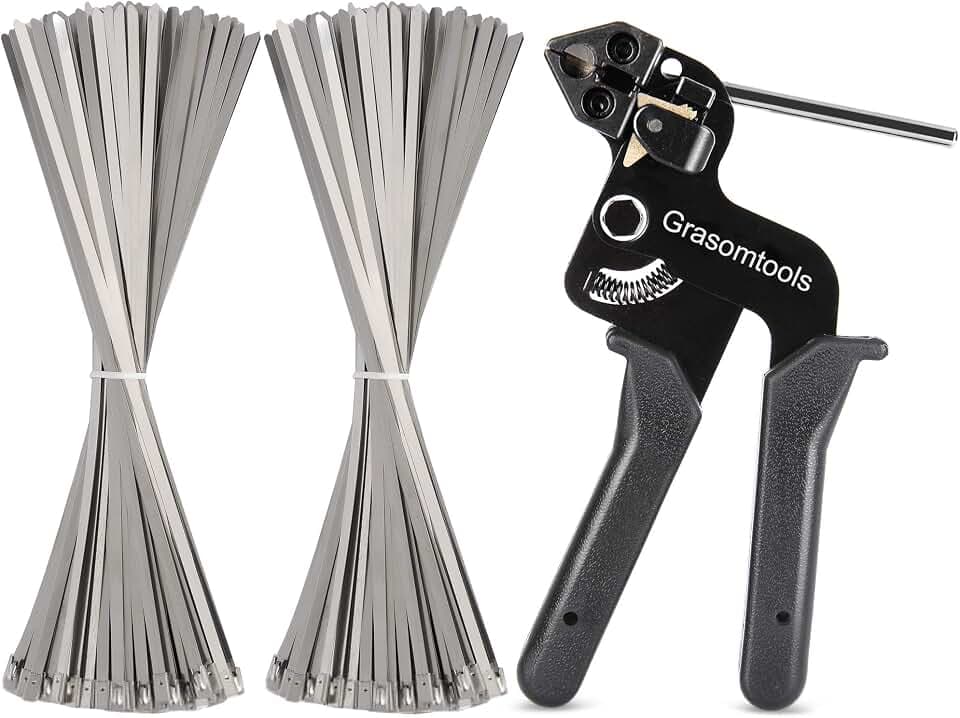 Edelstahl-Kabelbinder (200 Stück) und Metallbinderpistole - Kabelbinder-Werkzeug, 4,6 x 270 mm