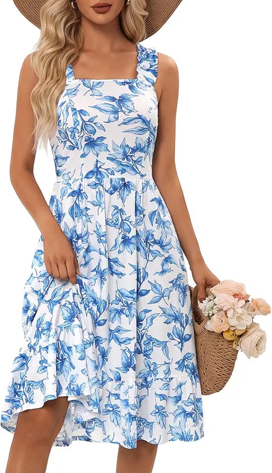ZABERRY Womens Dresses Elastic Straps Square Neck Midi Floral Sundresses