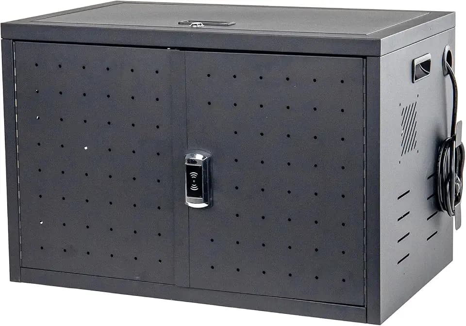 Pearington 16 Device Portable Table Top Charging and Storage Cabinet for iPads, Chromebooks and Laptop Computers, Up to 17-inch Screen Size, Bonus Shelf, Side Handles, Locking Front Door, Cable Clips