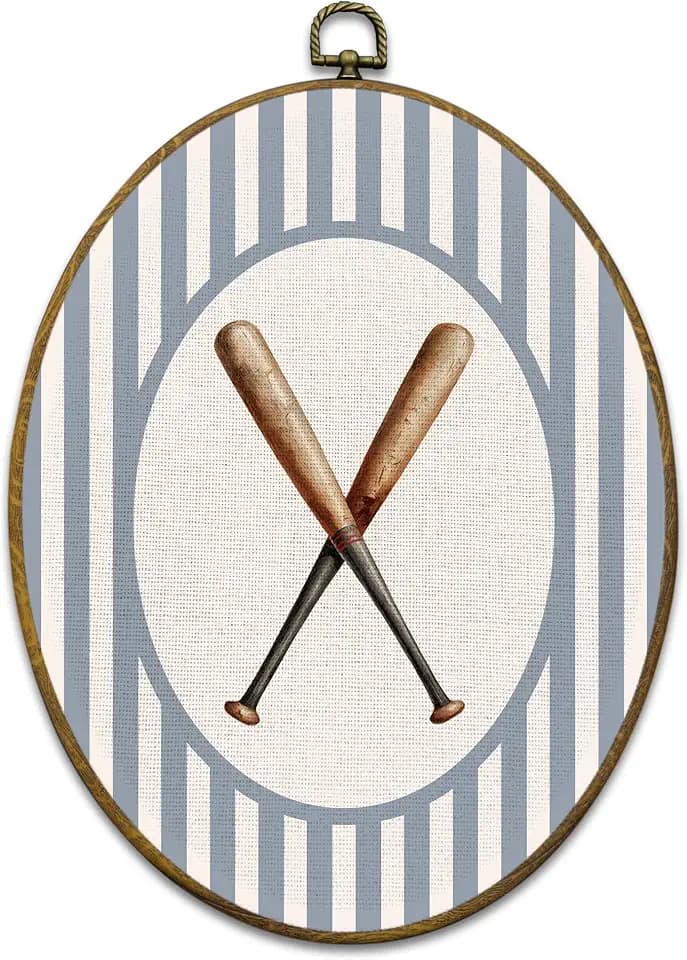 Mcehtle Baseball Sports Nursery Wall Art Decor, Sports Framed Canvas Prints 8.6x11.4, Retro Light Blue Striped Baseball Bat Oval Home Wall Hanging Artwork Decorations for Kids Boy Nursery Room Bedroom