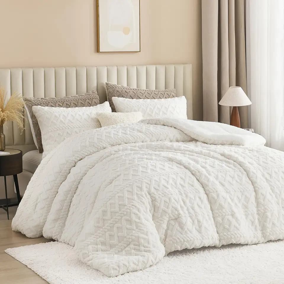 Andency Fluffy Sherpa Queen Comforter Set, White Fleece Soft Bedding Set