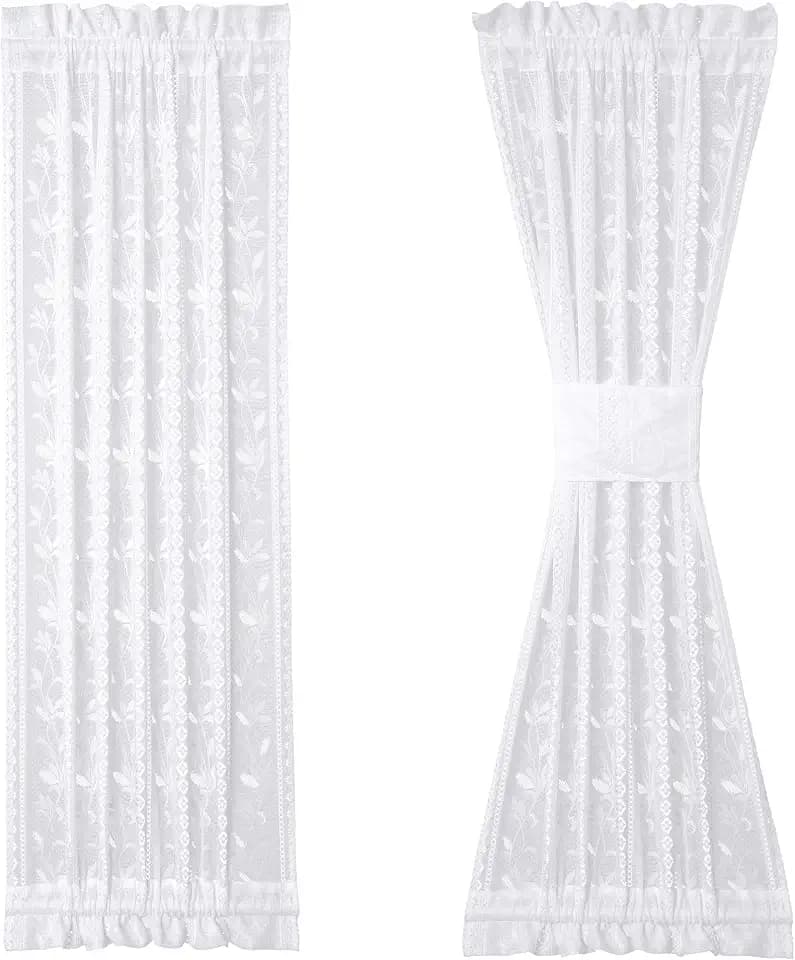 2 Pcs White Lace French Curtain Rod Pocket Boho Leaves Voile Curtains Light Filtering Small Floral Sidelight Curtain Panel for Glass Door Patio Front Door Tie-backs Included, 25 x 40 Inch