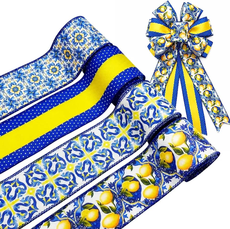 4 Rolls Lemon Wired Ribbon, 2.5 Inch, 20 Yards, Blue Yellow Print