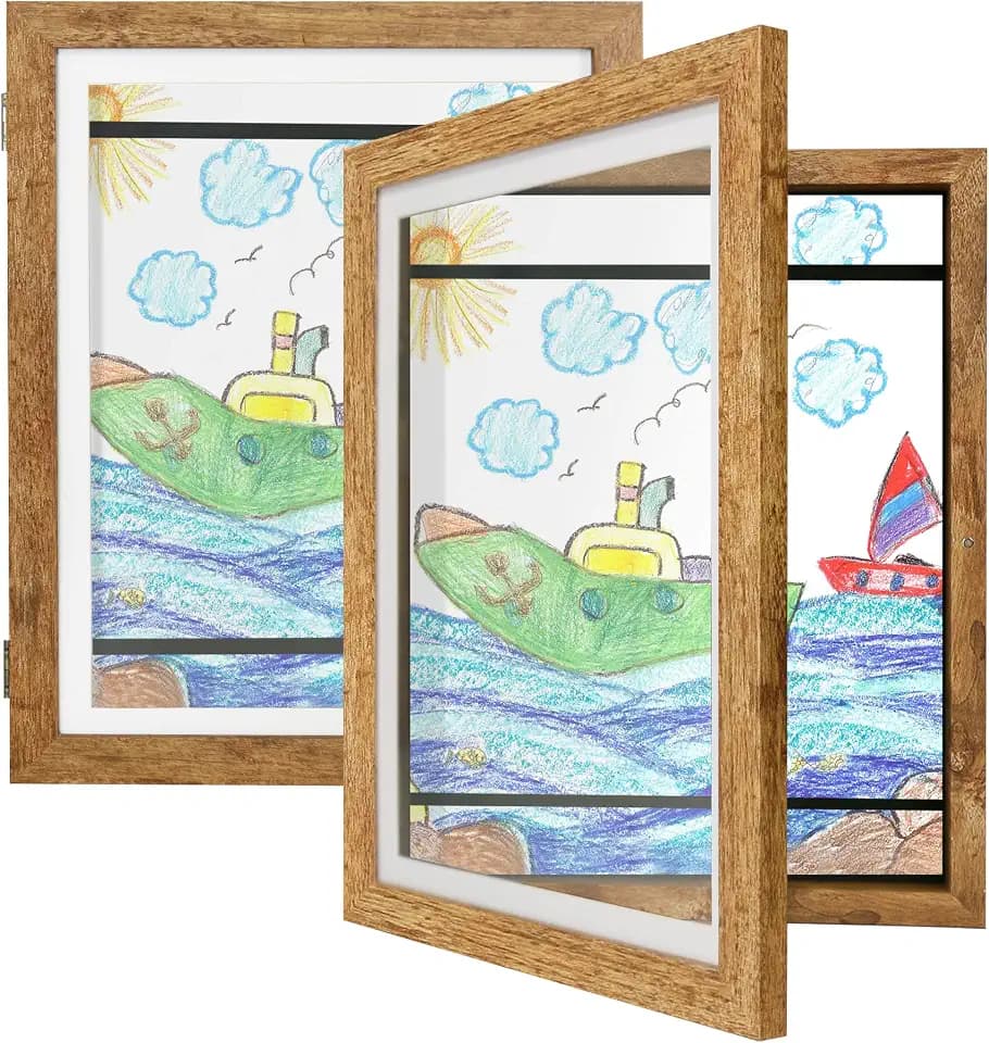 iRahmen Kids Art Frames 9x12 Set of 2 - Front Opening Childrens Picture Frame Changeable, Wood Artwork Display Storage for Wall Mount, Magnetic Door Holds 50 Art Pieces for Drawings, 3D Picture, Crafts, Portfolio, Brown