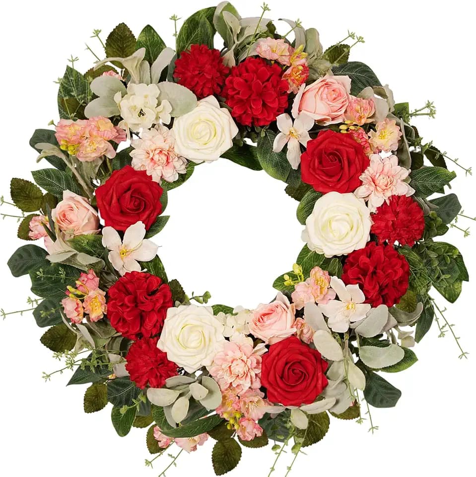22 Inch Rose Hydrangea Wreath for Front Door, Spring Summer Floral with Red White Pink Roses, Dahlias, Lamb's Ear and Eucalyptus on Grapevine Base for Indoor Outdoor Porch Wedding Decor