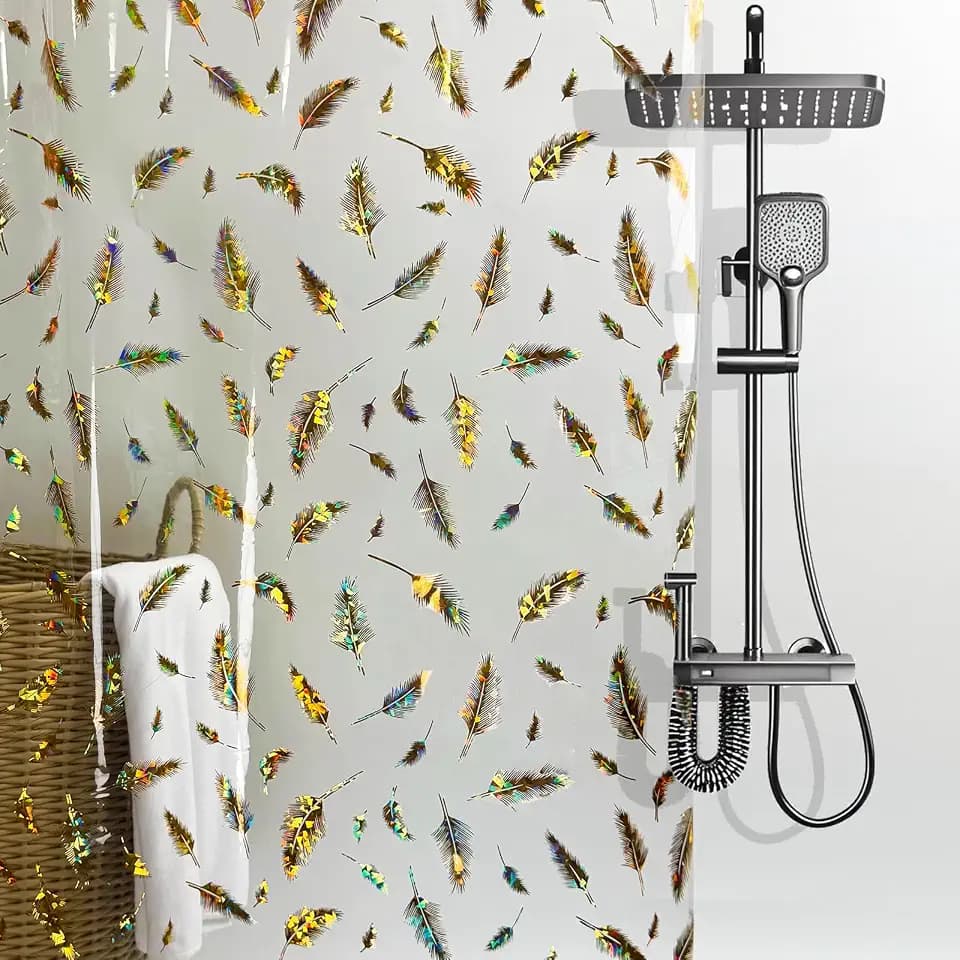Holographic PEVA Shower Curtain Liner, Glitter Feather Pattern, 70x72 in