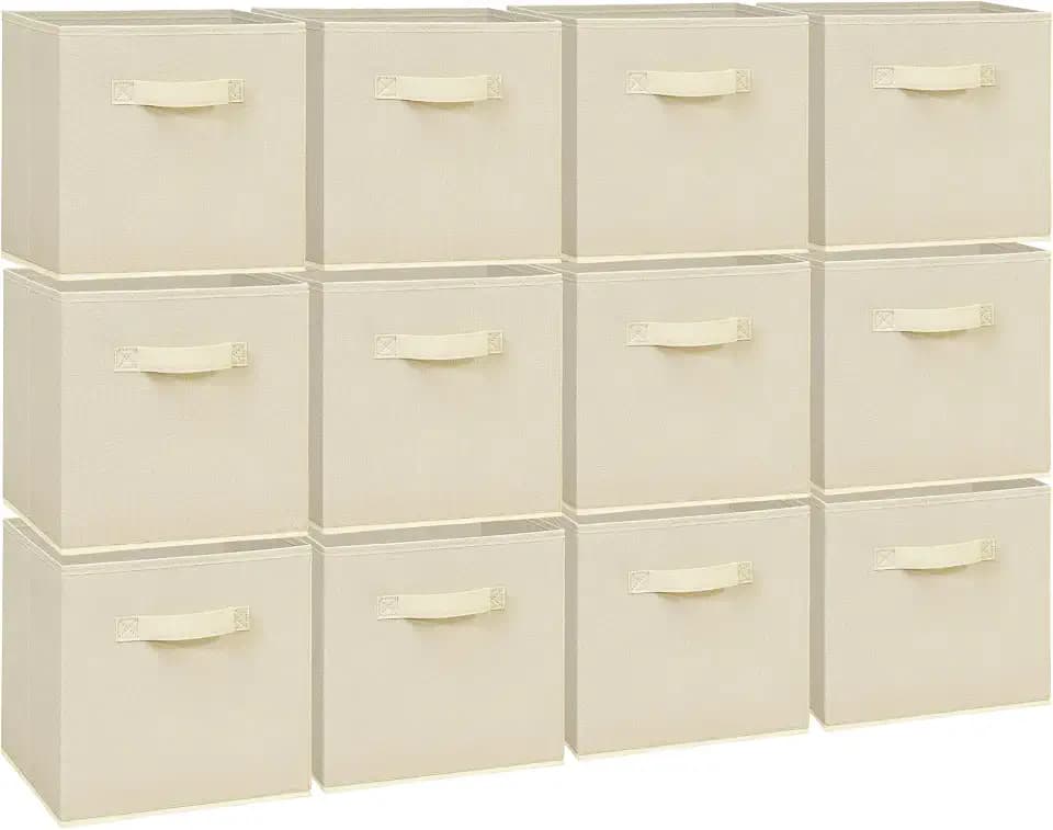 Easi 11 inch Cube Storage Bins, 12 Storage Cube Organizer, Collapsible Fabric storage cubes with Handles, Closet Storage Basket For Organization, Shelf Basket For Shelves Clothes Books, Beige